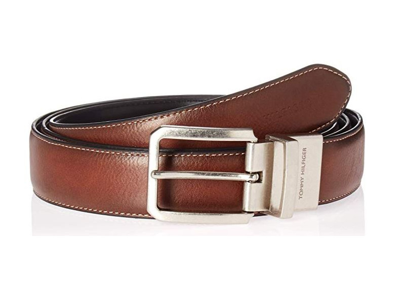 Tommy Hilfiger Men's  Reversible Belt -silver buckle Brown-black